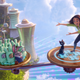 two platforms fly over an alien city, one has a cat, the other rabbits